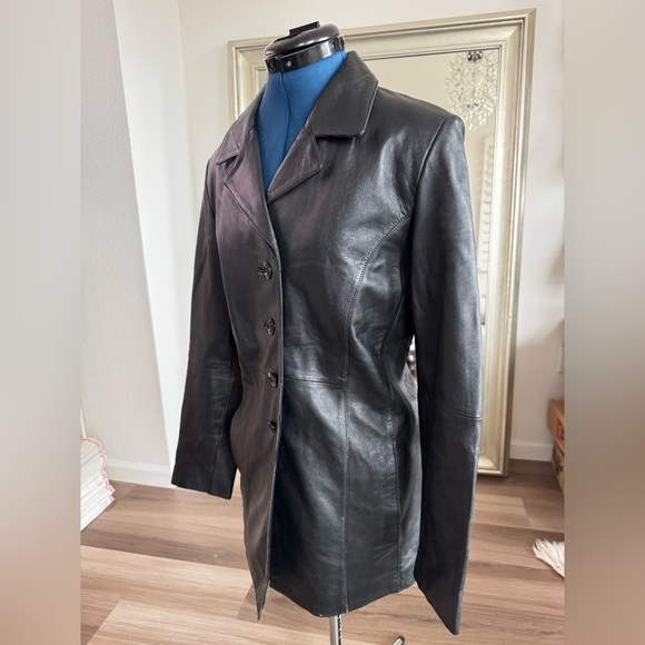 Vintage 90s Y2K Wilson’s Black Leather Button Down Coat Jacket Size M - Picture 11 of 13